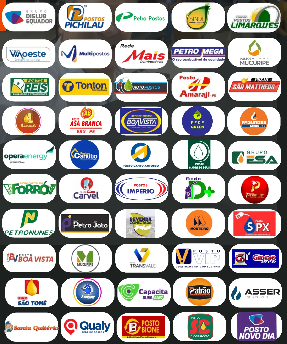 Logos de clientes: Grupo Dislub Equador, Postos Pichilau, Petro Postos, Multipostos, Rede Mais, Postos Reis, Tonton, Posto Madre de Deus, Grupo ESA, Qualy e outros